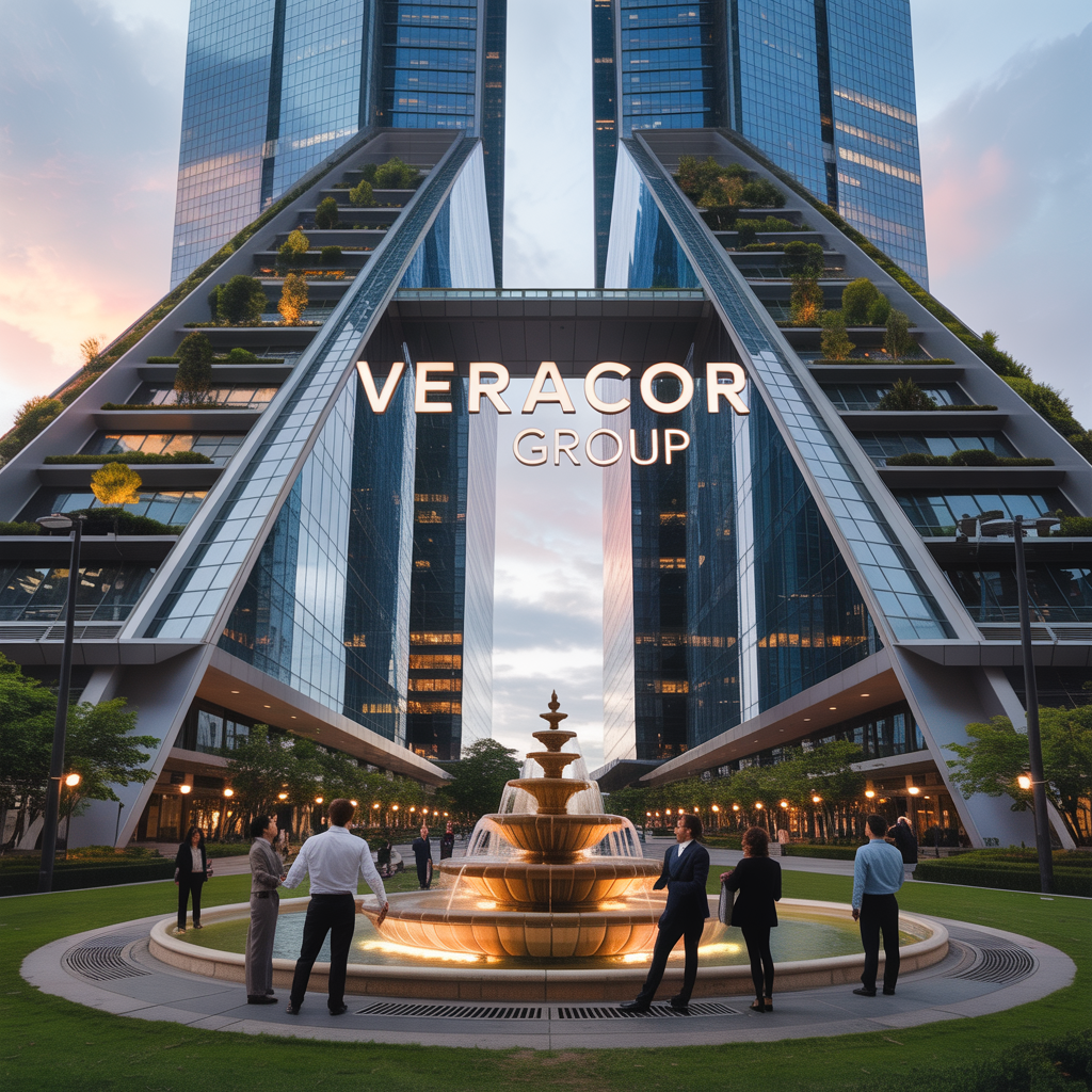Veracor Group future headquarters campus vision - a modern twin-tower complex with integrated green spaces and biophilic design